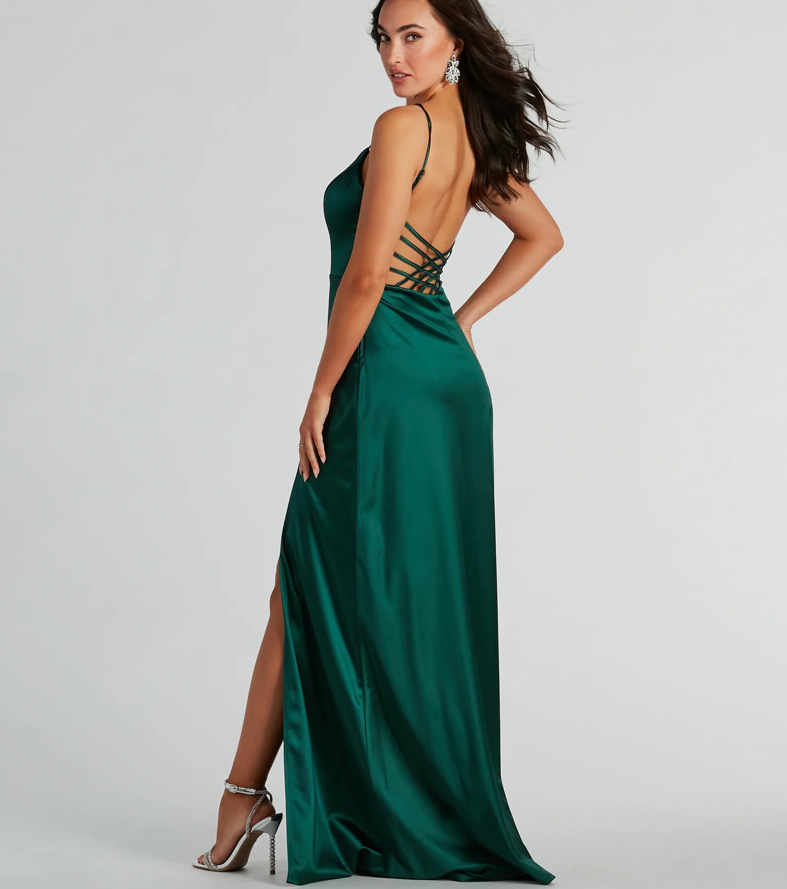 Ansley V-Neck Lattice A-Line Satin Formal Dress - Image 3