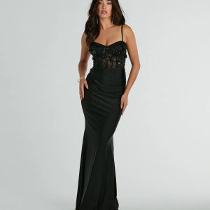 Gina Beaded Floral Bustier Lace Up Mermaid Formal Dress