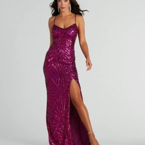 Regina Lace-Up Mermaid Sequin Mesh Formal Dress