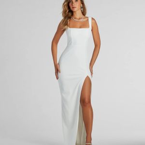 Cristine Square Neck High Slit Long Formal Dress