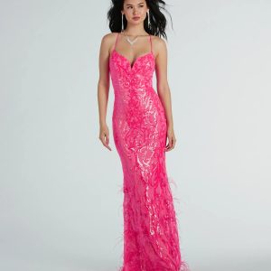 Nina Lace-Up Feather Mermaid Sequin Formal Dress