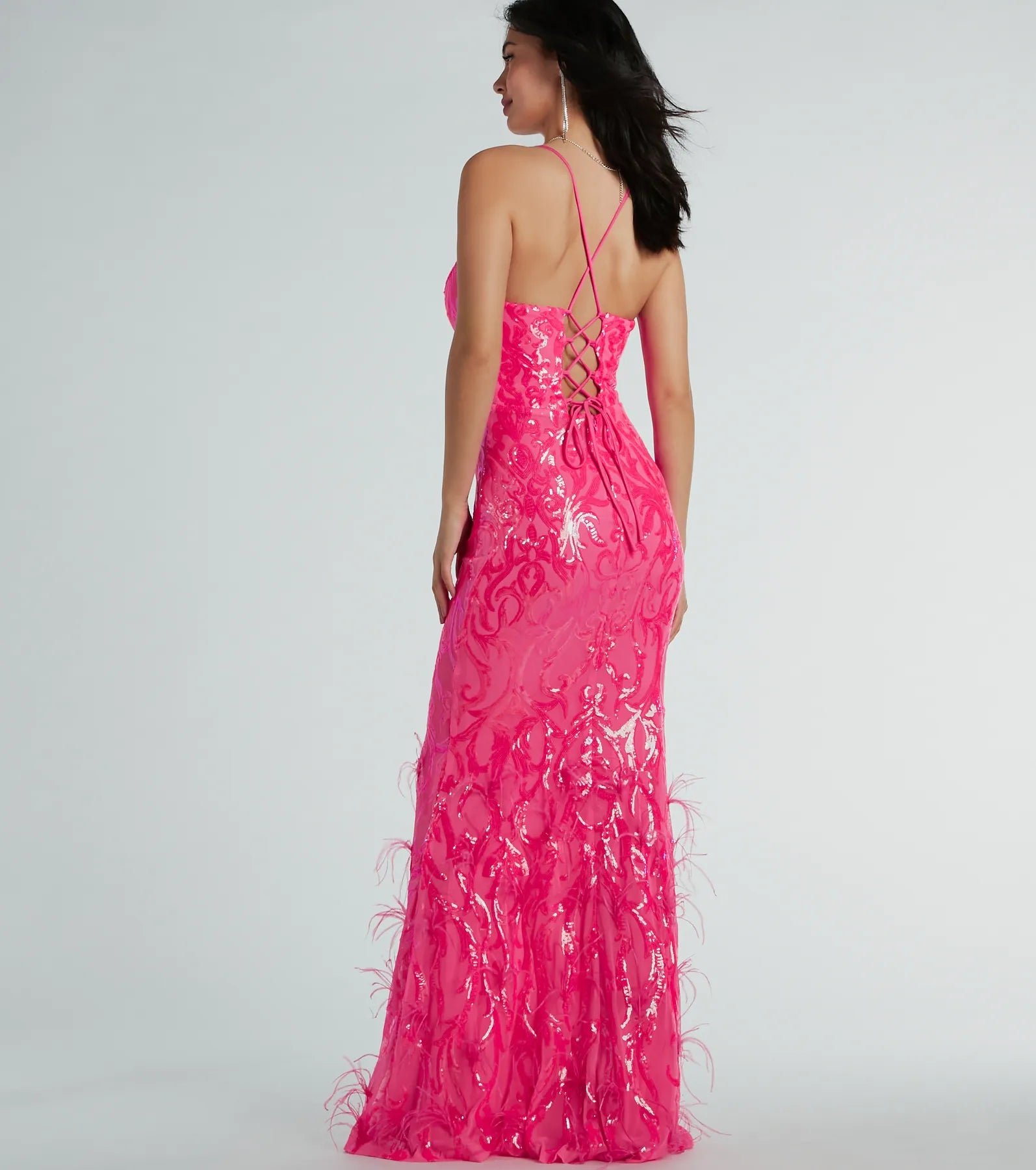 Nina Lace-Up Feather Mermaid Sequin Formal Dress - Image 2