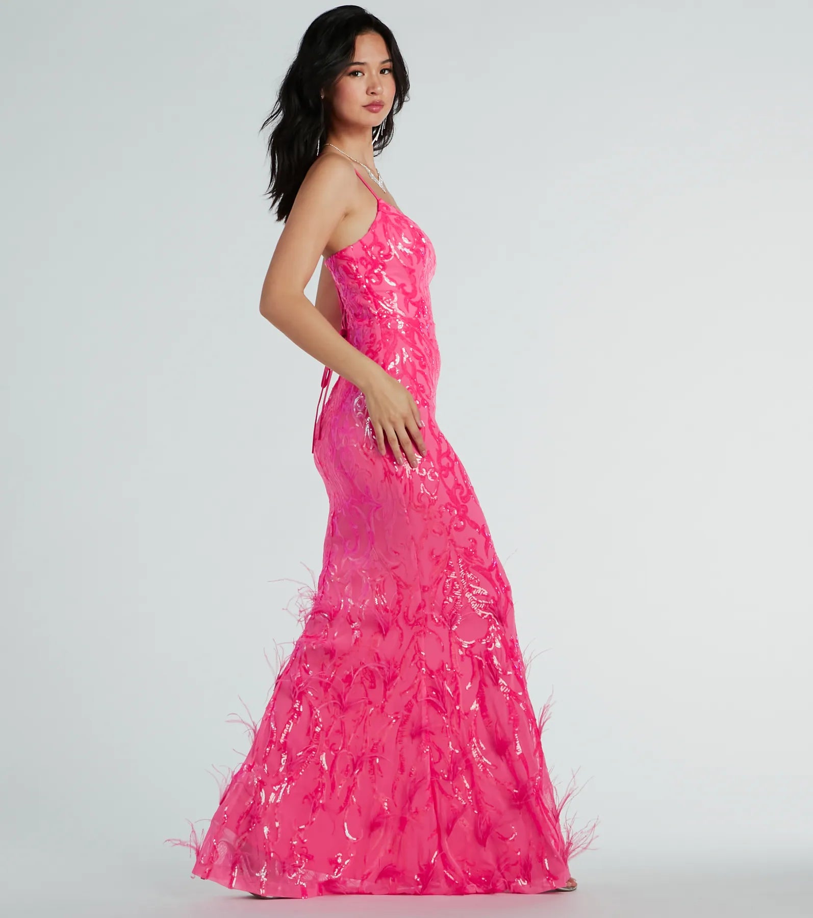 Nina Lace-Up Feather Mermaid Sequin Formal Dress - Image 4