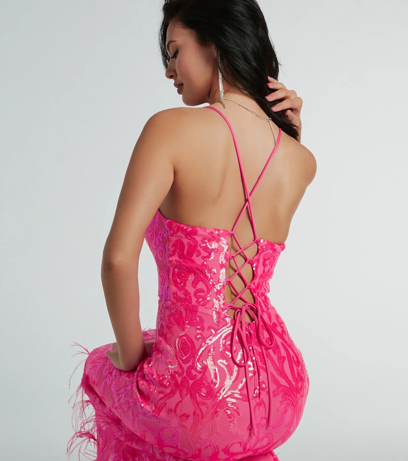 Nina Lace-Up Feather Mermaid Sequin Formal Dress - Image 5