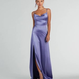 Ellie Cowl Neck A-Line Long Satin Formal Dress