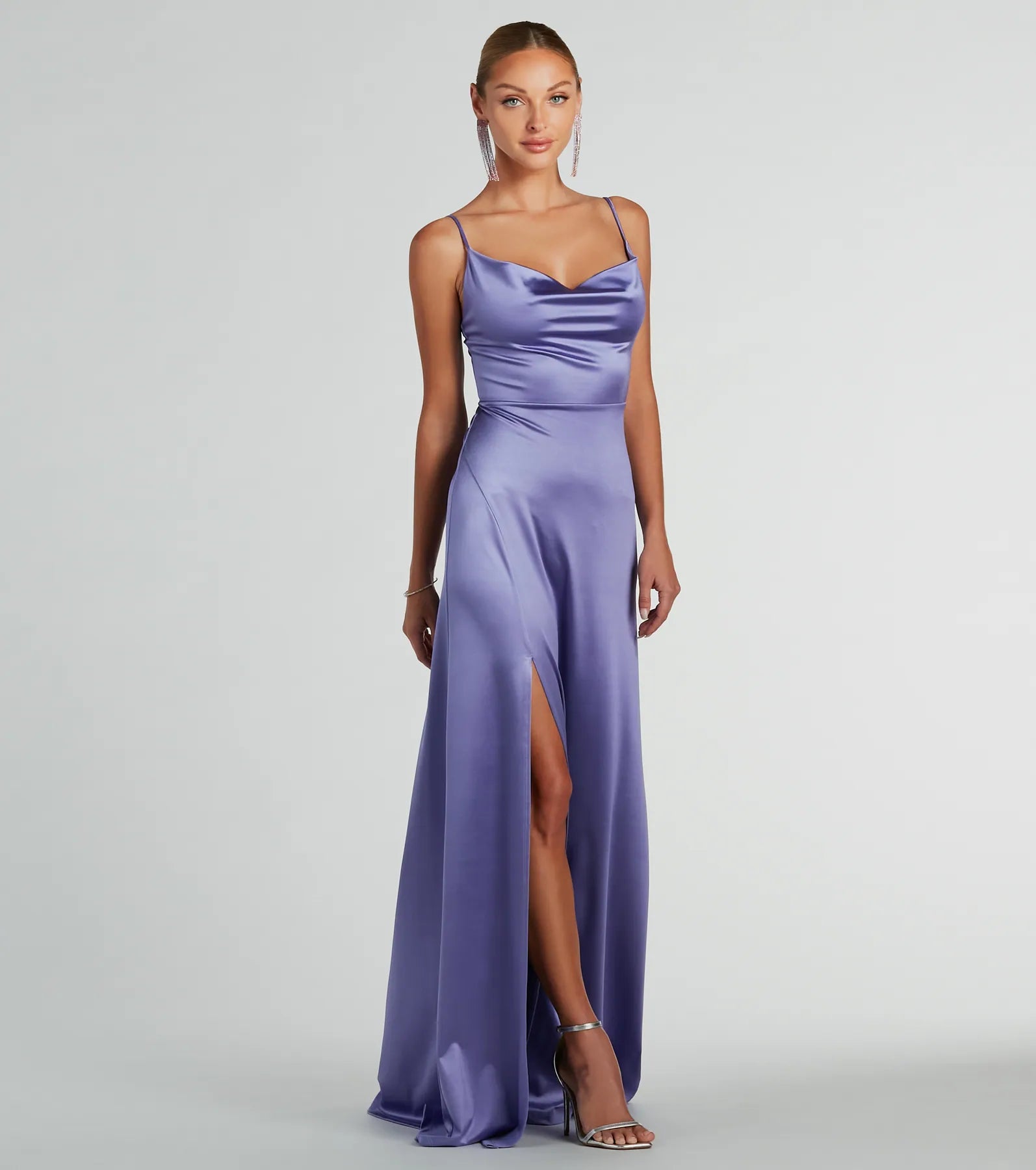Ellie Cowl Neck A-Line Long Satin Formal Dress - Image 4