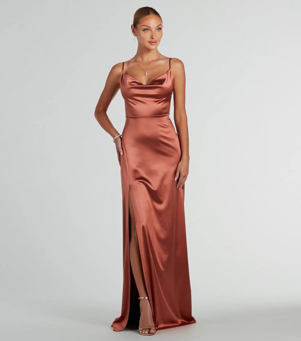 Ellie Cowl Neck A-Line Long Satin Formal Dress - Image 5