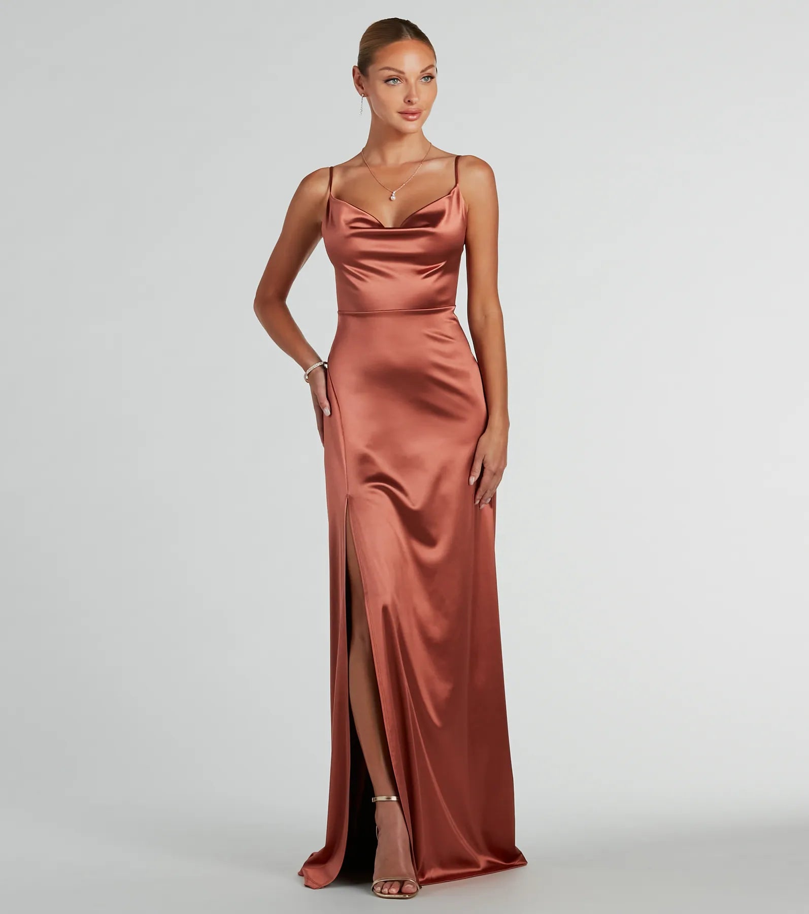 Ellie Cowl Neck A-Line Long Satin Formal Dress - Image 5