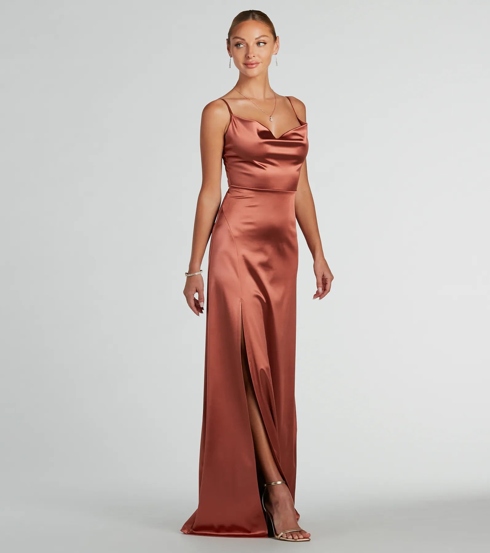 Ellie Cowl Neck A-Line Long Satin Formal Dress - Image 8