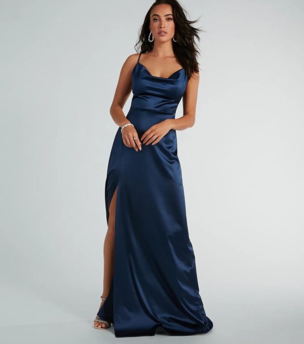 Ellie Cowl Neck A-Line Long Satin Formal Dress - Image 12
