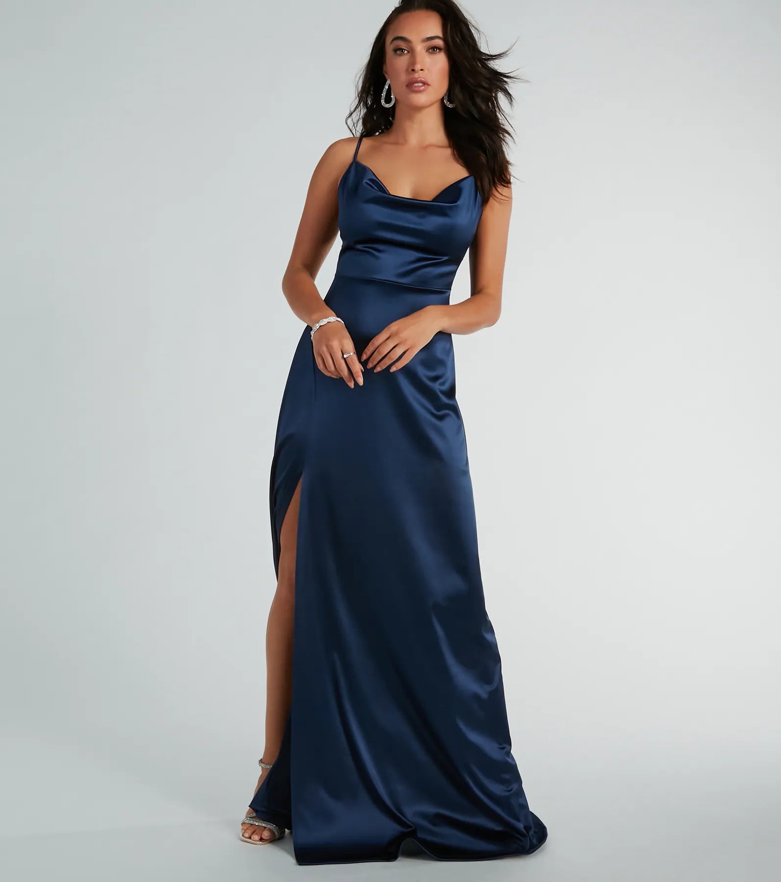 Ellie Cowl Neck A-Line Long Satin Formal Dress - Image 12
