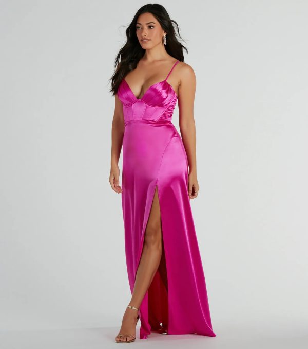 Haley Corset Slit A-Line Satin Formal Dress - Image 8