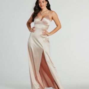 Laurel Lace-Up A-Line Slit Satin Formal Dress
