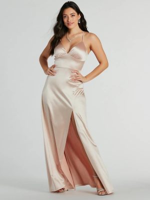 Laurel Lace-Up A-Line Slit Satin Formal Dress