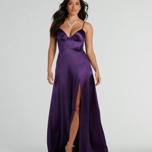 Haley Corset Slit A-Line Satin Formal Dress