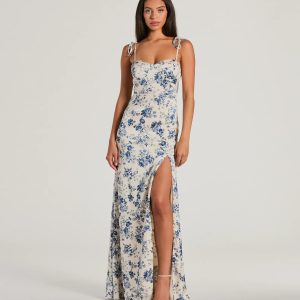 Amalia High Slit Floral Satin Mermaid Dress