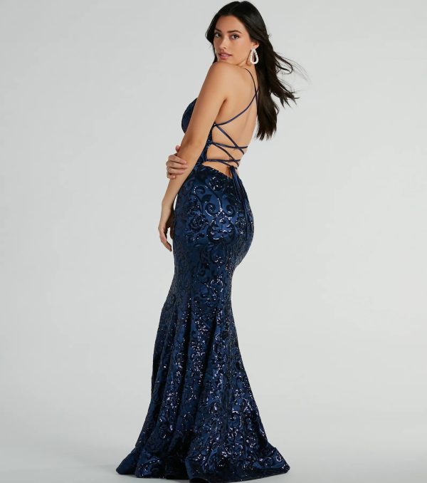 Saskia Lace-Up Mermaid Sequin Satin Formal Dress - Image 6