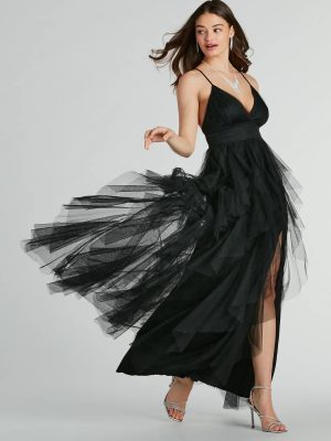 Wynonna V-Neck A-Line Ruffle Glitter Formal Dress