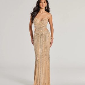 Gianna Rhinestone Pearl Sheer Mesh Formal Dress