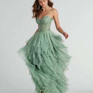 Keyla Floral Applique Tiered Ruffle Tulle Gown