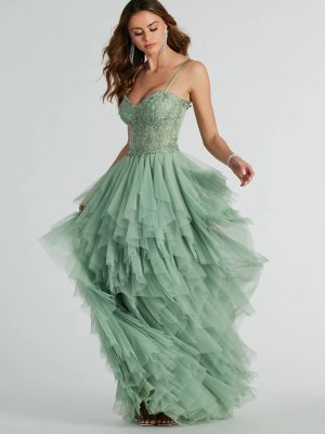 Keyla Floral Applique Tiered Ruffle Tulle Gown