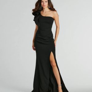 Claudia Ruffled One-Shoulder Crepe Mermaid Dress