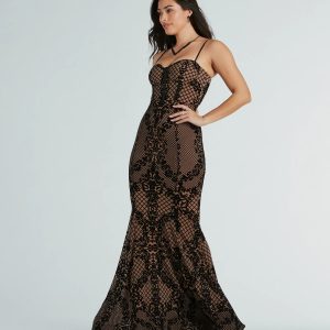 Malie Bustier Mermaid Flocked Velvet Formal Dress