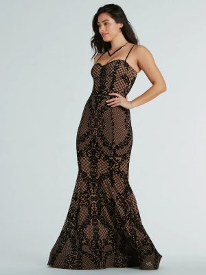 Malie Bustier Mermaid Flocked Velvet Formal Dress