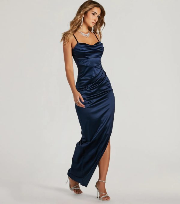 Iliana Cowl Neck High Slit Satin Column Dress - Image 4