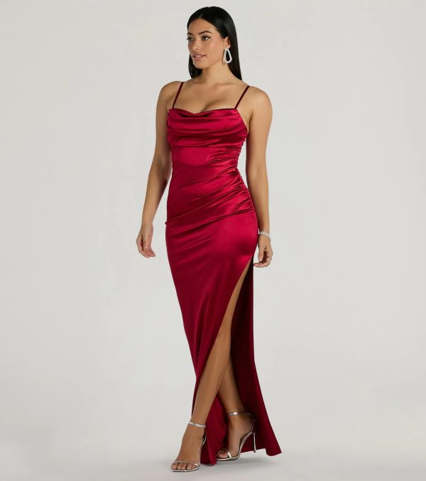 Iliana Cowl Neck High Slit Satin Column Dress - Image 8