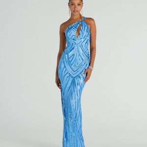 Stacey One-Shoulder Cutout Slim Sequin Formal Dress