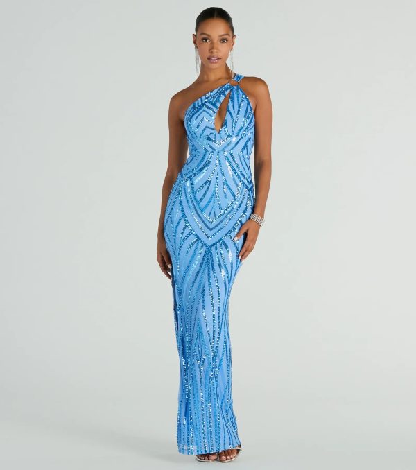 Stacey One-Shoulder Cutout Slim Sequin Formal Dress