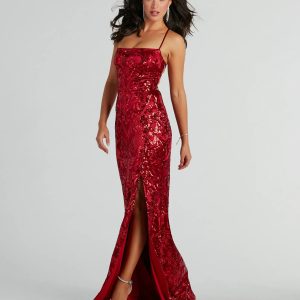 Marisol Lace-Up Column Sequin Satin Formal Dress