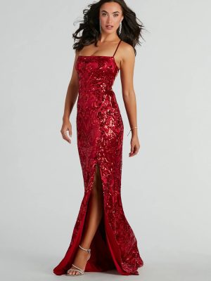 Marisol Lace-Up Column Sequin Satin Formal Dress