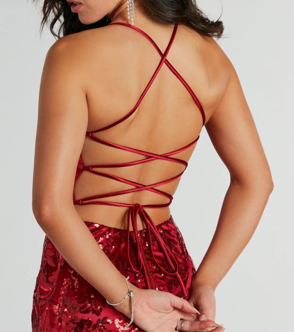 Marisol Lace-Up Column Sequin Satin Formal Dress - Image 2