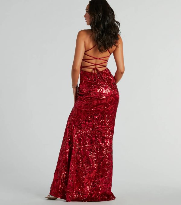 Marisol Lace-Up Column Sequin Satin Formal Dress - Image 4