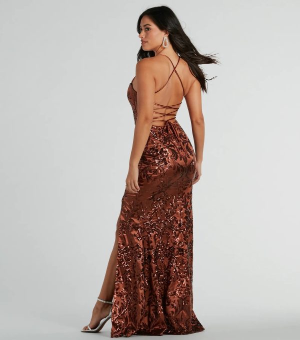 Marisol Lace-Up Column Sequin Satin Formal Dress - Image 6