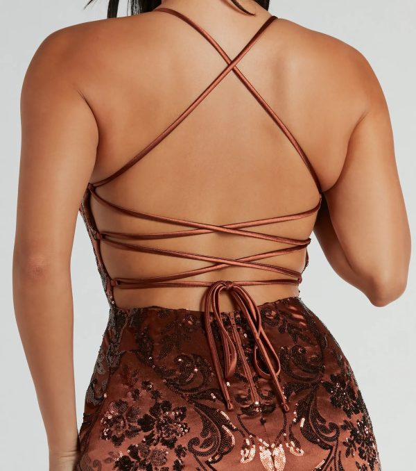Marisol Lace-Up Column Sequin Satin Formal Dress - Image 8