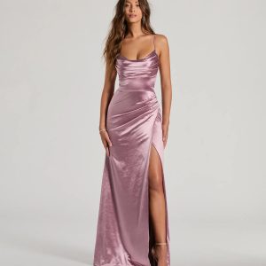 Dani Cowl Neck Lace-Up A-Line Satin Formal Dress