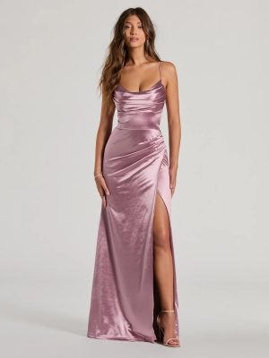 Dani Cowl Neck Lace-Up A-Line Satin Formal Dress