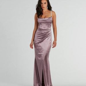 Sam Faux Pearl Strap Mermaid Satin Formal Dress