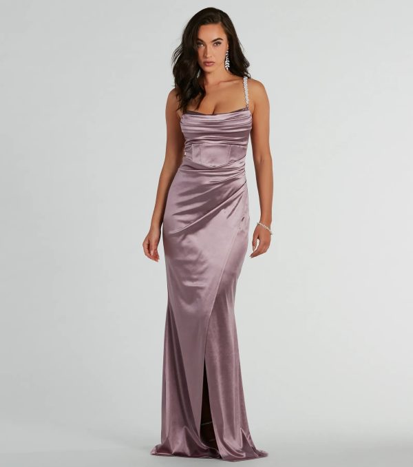 Sam Faux Pearl Strap Mermaid Satin Formal Dress