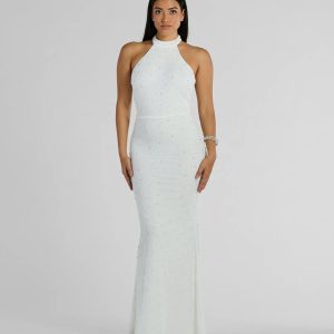 Courtney Halter Faux Pearl Bead Slim Formal Dress