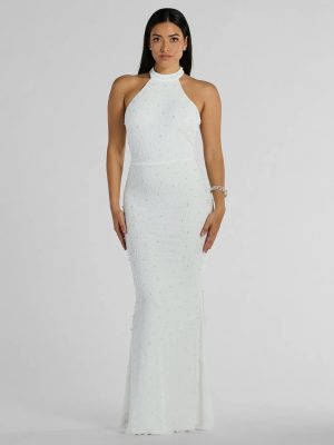 Courtney Halter Faux Pearl Bead Slim Formal Dress