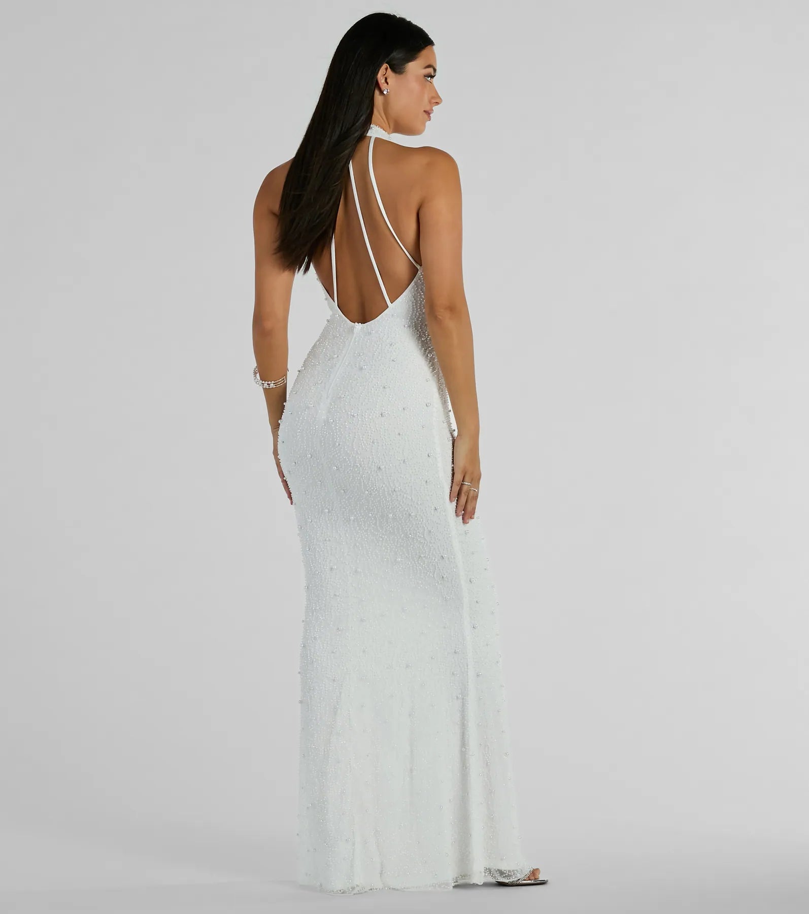 Courtney Halter Faux Pearl Bead Slim Formal Dress - Image 2