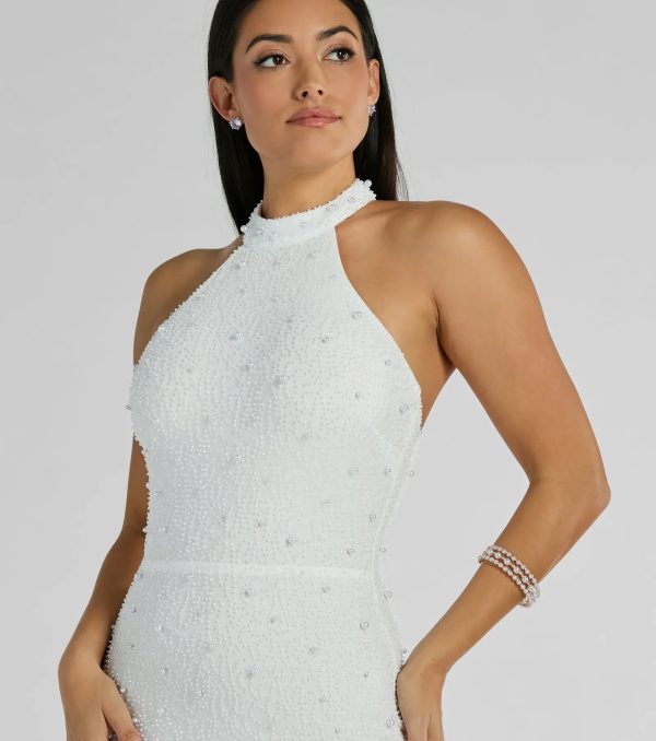 Courtney Halter Faux Pearl Bead Slim Formal Dress - Image 3