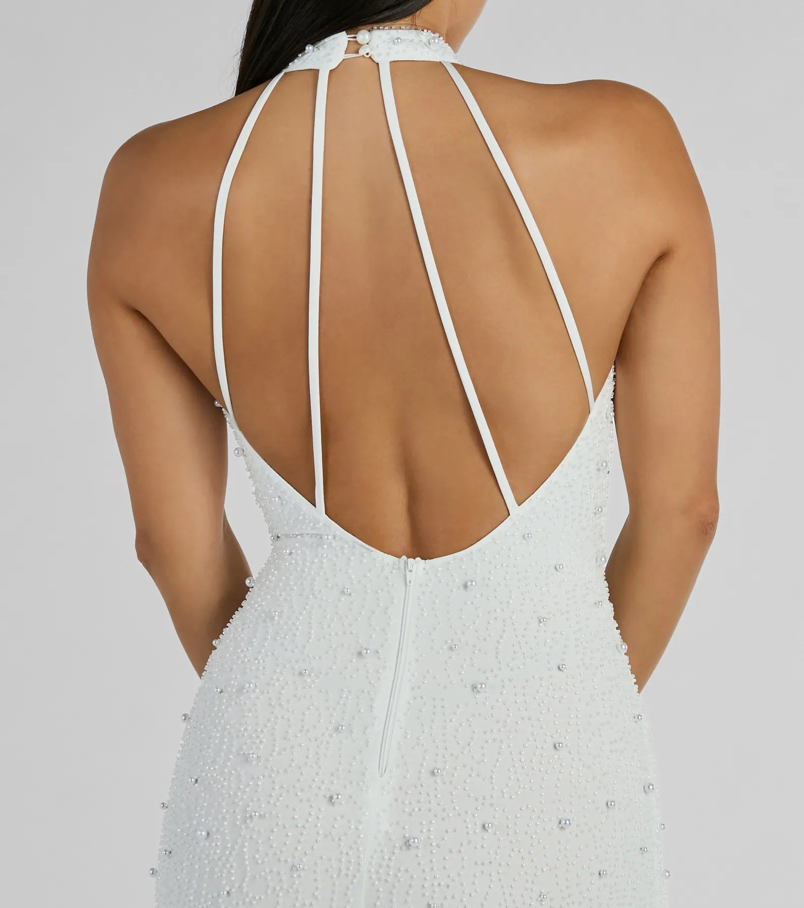 Courtney Halter Faux Pearl Bead Slim Formal Dress - Image 4