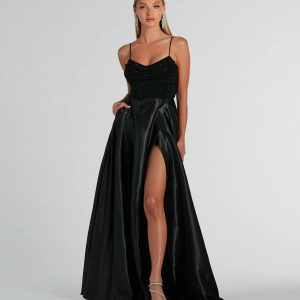 Ammara Cowl Neck Slit A-Line Satin Formal Dress