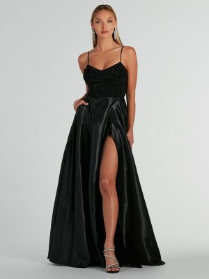 Ammara Cowl Neck Slit A-Line Satin Formal Dress
