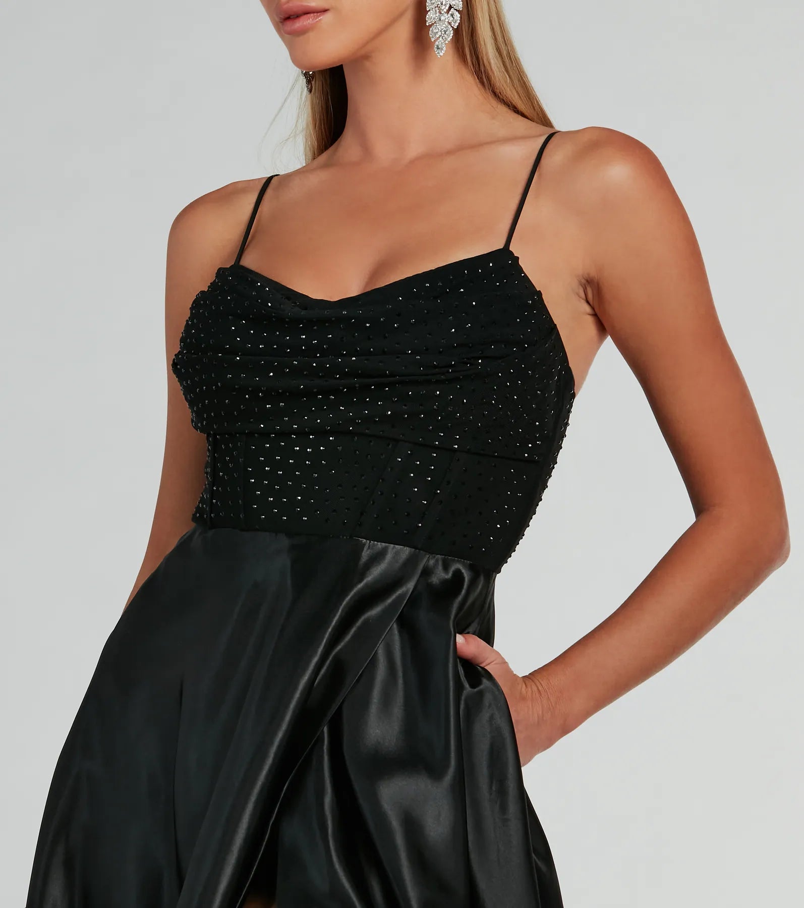 Ammara Cowl Neck Slit A-Line Satin Formal Dress - Image 3